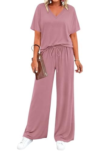 BTFBM 2 Piece Sets for Women Summer V Neck Short Sleeve Lounge Set Wide Leg Pants Matching Set Airport Travel Outfits(Pink, X-Large) - Image 1