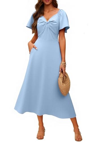 ECOWISH Womens Summer Maxi Dresses: 2026 Casual Flutter Short Sleeve Twist Front Long Flowy Wedding Guest Dress with Pockets 482Sky Blue M - Image 1