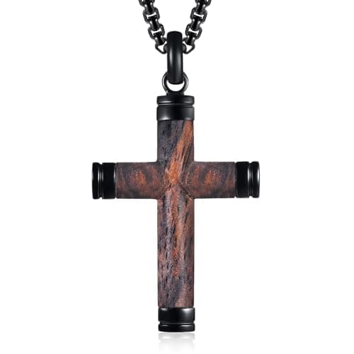 Wooden Cross Necklace for Men-Hawaiian Real Handmade Ebony Wood Cross Pendant Necklace Stainless Steel Chain, Mens Brown Cross Necklaces Koa Wood Jewelry Christian Baptism Crucifix Pendant for Men - Image 1