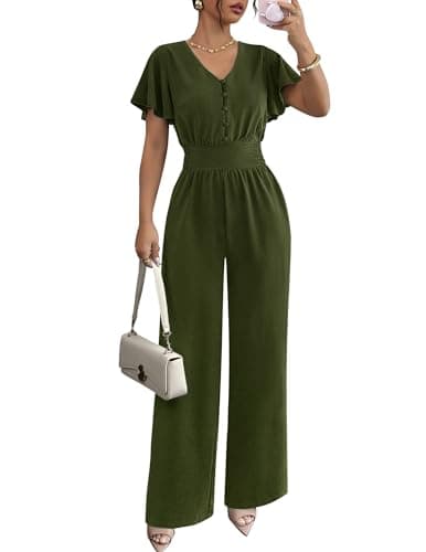 LOOKBOHO Dressy Jumpsuits for Women 2026 Summer Ruffle Short Sleeve Button V Neck Wide Leg Romper One Piece Outfits - Image 1