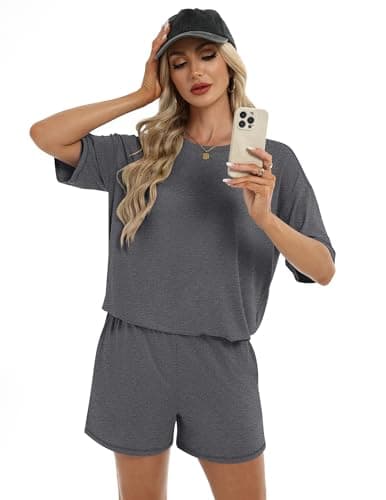 Ekouaer Lounge Sets for Women 2 Piece Shorts Sets Moisture Wicking Casual Summer Short Sleeve Matching Outfits with Pockets - Thumbnail 3