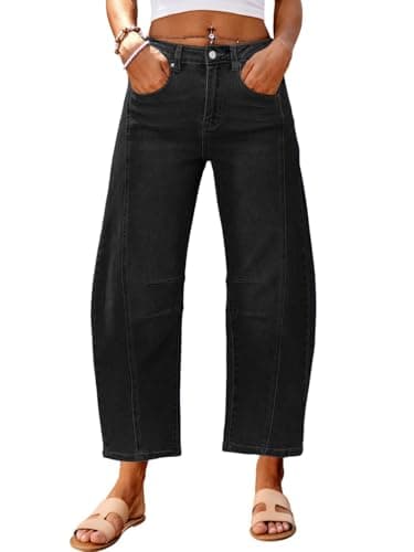 Genleck Barrel Jeans Women Wide Leg Cropped Jeans High Waisted Baggy Boyfriend Mom Denim Ankle Pants with Pockets（Nature Black,10） - Image 1