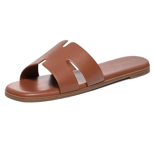 KIDMI Women's Dressy Flat Sandals, Comfortable Slip On Summer Slides, Fashion Open Toe Casual Sandals, Brown 8 - Image 1