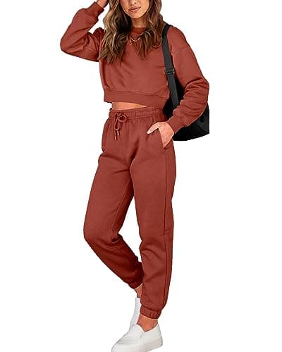 BTFBM Women 2 Piece Outfits Long Sleeve Crop Top Pullover Drawstring Pant Jogger Set Casual Sweatsuits Tracksuit Pockets(Brick Red, Small) - Image 1