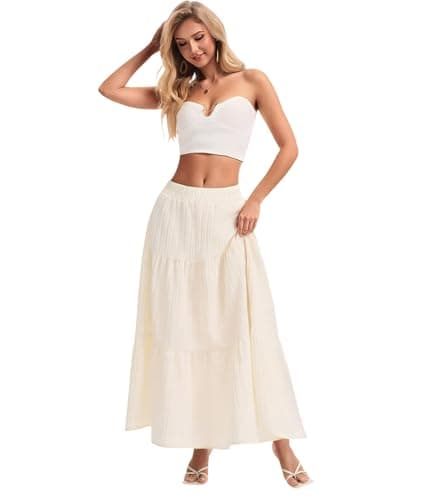 MFAVIP Womens Maxi Skirt Boho Long Flowy Skirts Trendy Summer 2026 Tiered Ruffle Skirt A Line Casual Beach Vacation Dress Beige - Thumbnail 2
