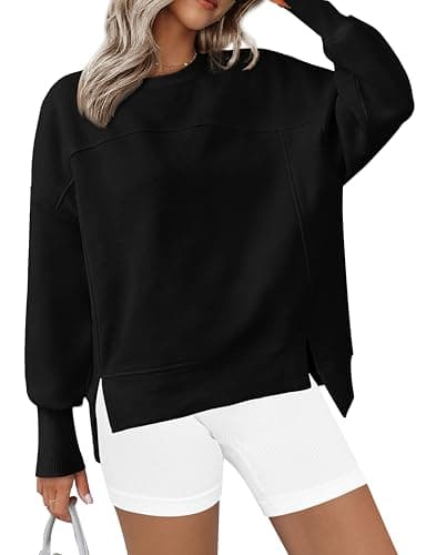BTFBM Women's Casual Crewneck Sweatshirts 2026 Spring Long Sleeve Side Slit Workout Fleece Pullover Top Fashion Clothing(Black, Large) - Image 1