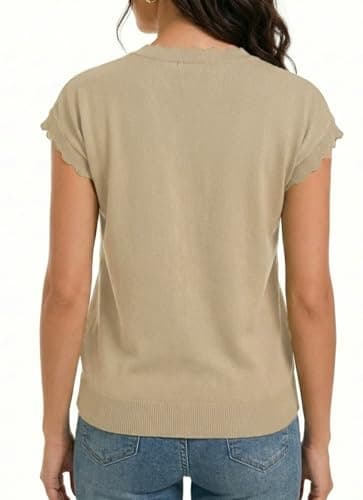 Jenisso Women Summer Sweater Cap Sleeve Lightweight Pullover Soft Knit Top with Scallop Wavy(Beige,XL) - Thumbnail 4