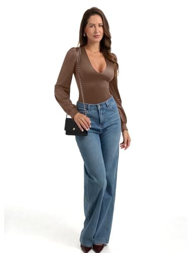 PINKMSTYLE Sexy Satin Silk Plunge V Neck Long Sleeve Bodysuits For Women Date Night Going Out Top Brown XX-Large - Thumbnail 5