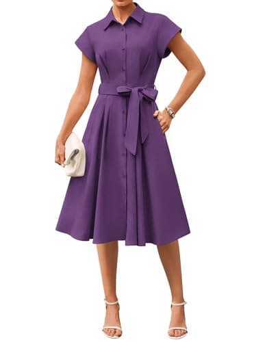 GRACE KARIN Womens Short Sleeve Shirt Dresses 2026 Summer Midi Button Down Dress Work Business Casual Dress with Pockets Purple 2XL - Image 1