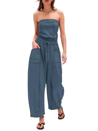 Sexyasasii Jumpsuits for women Strapless Romper Summer Casual Off the Shoulder Long Barrel Pants One Piece Outfits with Pockets - Image 1