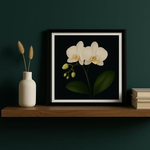 Moonow7 Framed White Orchid Wall Art for Living Room – Small Vintage Floral Print for Bedroom, Nature Gallery Wall, Flower Painting Picture, Moody Minimalist Flower Wall decor, Size 12x12” - Thumbnail 5