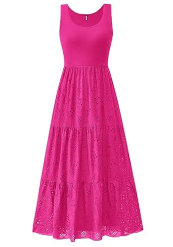 BTFBM Women Summer Eyelet Midi Dresses Casual Spring 2026 Sleeveless A Line Flowy Vacation Beach Wedding Guest Sun Dress(Hot Pink, X-Large) - Image 1