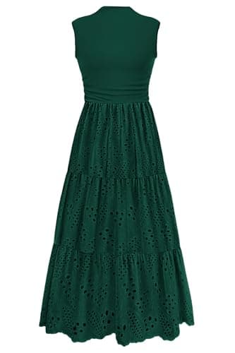 PRETTYGARDEN Summer Dresses for Women 2026 Casual Eyelet Sleeveless Wedding Guest Maxi Dress Tank Top Sundress with Pockets (Dark Green,Medium) - Image 1