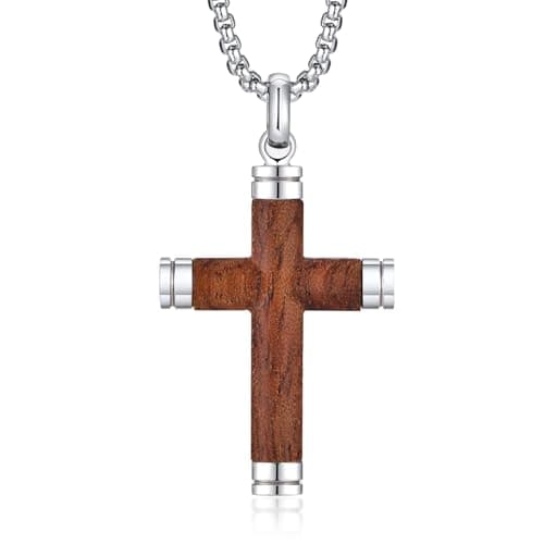 Wooden Cross Necklace for Men-Hawaiian Real Handmade Ebony Wood Cross Pendant Necklace Stainless Steel Chain, Mens Brown Cross Necklaces Koa Wood Jewelry Christian Baptism Crucifix Pendant for Men - Image 1