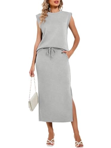 Casly Lamiit 2 Piece Skirt Sets for Women Airport Travel Outfits Spring Crew Neck Short Sleeve Knee Length Lounge Set Light Grey 2XL - Image 1