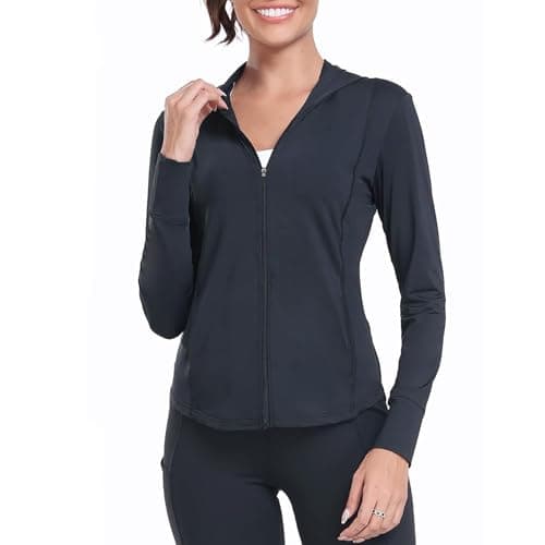 AGVNG Womens UPF 50+ Hooded Sun Jackets Lightweight Quick Dry Sun Protection Clothing Long Sleeve Cooling Shirts Hiking Running Athletic Tops Black XL - Image 1