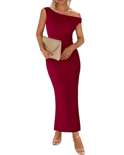 BTFBM 2026 Summer Wedding Guest Dresses for Women One Shoulder Bodycon Ruched Mesh Formal Cocktail Spring Fall Maxi Dress(Wine Red, Medium) - Image 1