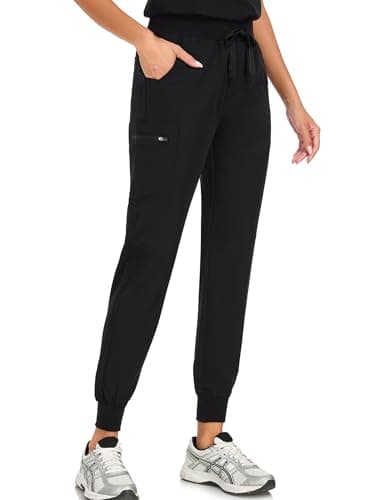 VECARDI Scrub Pants for Women Four Way Stretch Yoga Joggers High Rise Zipper Cargo Pants with 5 Pockets Classic Black - Image 1