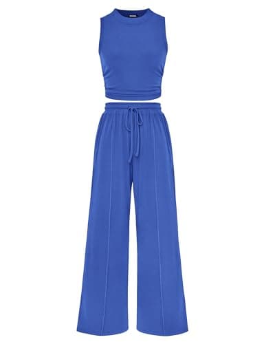 BTFBM Summer Outfits For Women 2026 Cropped Sleeveless Tank Tops Wide Leg Pants 2 Piece Sets Beach Lounge Set Clothing(Blue, Small) - Image 1