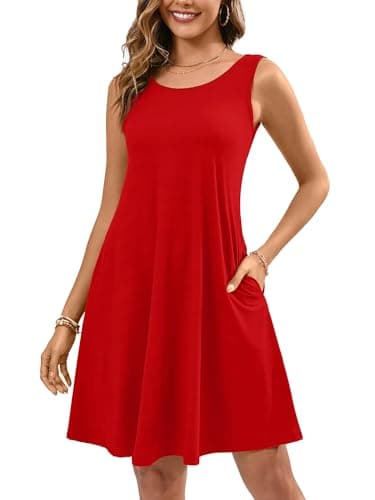 KORSIS Summer Dresses for Women Casual T Shirt Tank Midi Red S Dresses Sleeveless Swing Flowy Ladies Beach Vacation Sundress with Pocket - Image 1