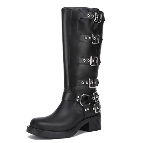 Athlefit Women's Knee High Riding Boots Fashion Buckle Square Toe Chunky Heel Wide Calf Biker Black Boots Size 8.5 - Image 1