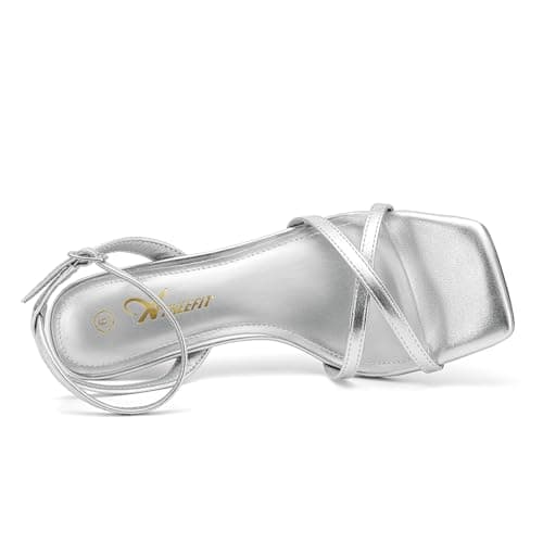 Athlefit Kitten Heels for Women Square Open Toe Strappy Heeled Sandals Ankle Strap Dress Silver High Heels for Prom Party Wedding Size 10 - Thumbnail 5