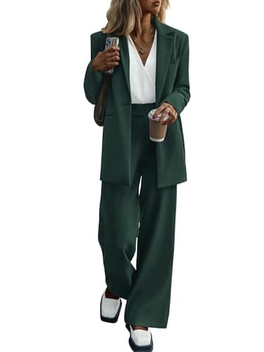 KIRUNDO Women Suits 2 Piece Set Business Casual Dressy Oversized Blazer Jacket and Wide Leg Dress Pantsuits Formal Outfits(Dark Green, XX-Large) - Image 1