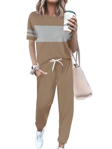 KBKBSN Women 2 Piece Outfits 2026 Summer Casual Tracksuit Short Sleeve Sweatpants Lounge Sets Travel Sweatsuits with Pocket Khaki XL - Image 1