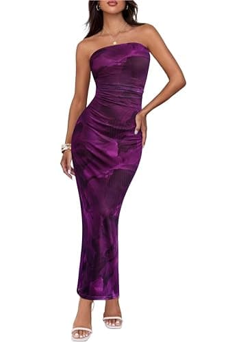 BTFBM Women Summer Strapless Maxi Dress 2026 Bodycon Floral Long Wedding Guest Dress Formal Tube Mesh Cocktail Dresses(Floral Purple, Small) - Image 1