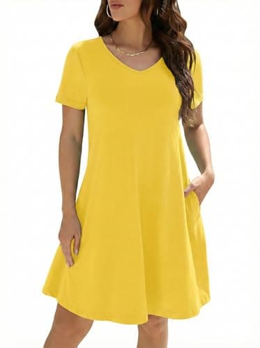 KORSIS Dresses for Women Casual T-Shirt Summer Short Sleeve A Line Sundress Swing Flowy Work Vacation Sundress with Pockets Yellow 2XL - Image 1