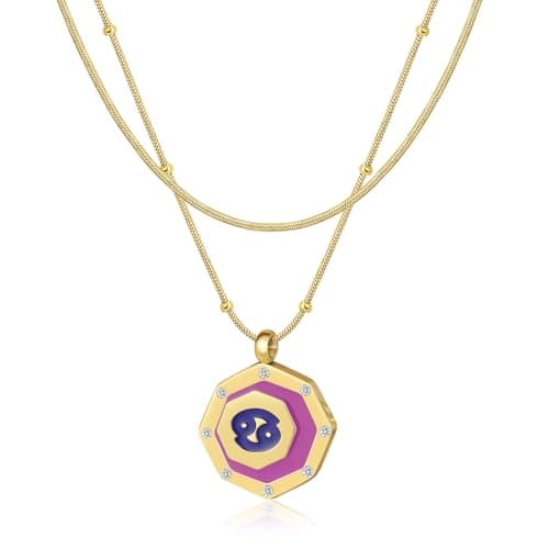 LETFLY Cancer Zodiac Necklace for Women, 18K Gold Plated Octagon Shaped Pendant with Cubic Zirconia Adjustable Layered Snake Chain for Womens Jewelry Gifts - Image 1