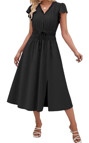Womens Summer Midi Dresses Casual V Neck Cap Sleeve Empire Waist Elegant 2026 Flowy Solid Long Dress with Pockets B L Black - Image 1