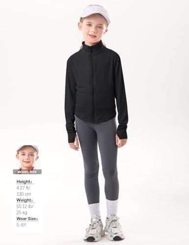 Gihuo Girls Zip Up Workout Jacket Lightweight Athletic Horse Riding Jackets Cropped Gym Yoga Track Shirts with Thumb Holes(Black-7-8Y) - Thumbnail 5