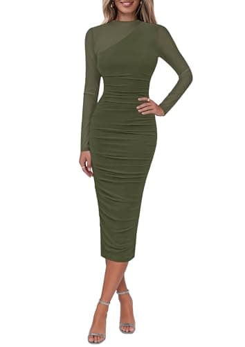 Lazysmile Long Sleeve Mesh Dresses for Women Mock Neck Ruched Bodycon Elegant Cocktail Club Party Wedding Guest Dress Army Green - Image 1