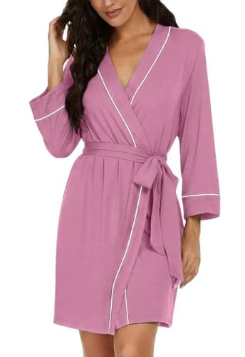PrinStory Womens Robe Knee Length Knit Bathrobe Lightweight Soft Ladies Robes Purple Red-L - Image 1