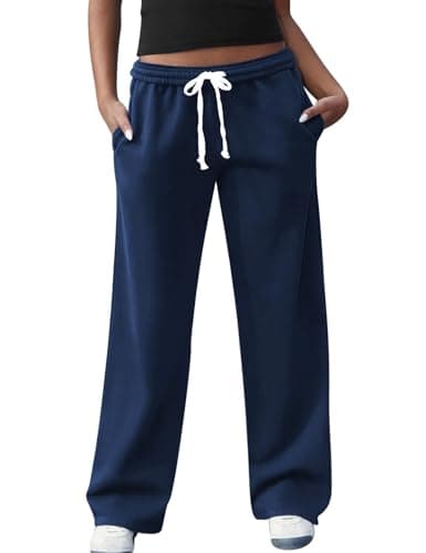 FACDIBY Women's Wide Leg Sweatpants High Waisted Baggy Interior Drawstring Sweatpants Straight Leg Sweat Pants, Navy Blue S - Image 1