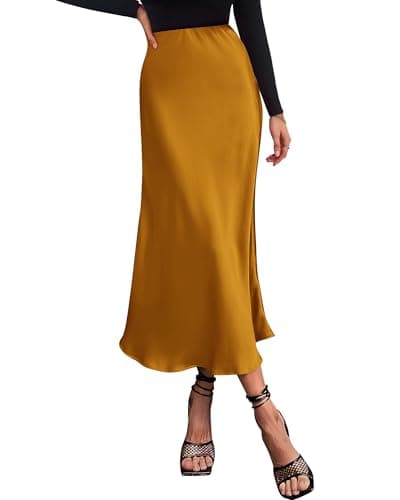 BTFBM 2026 Summer Womens Skirts Silk Elegant High Waist Flowy Long Satin A-Line Midi Skirt Cocktail Wedding Party(Brown Yellow, Small) - Image 1