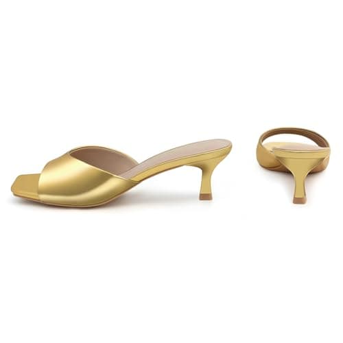 Athlefit Gold Kitten Heels for Women Square Open Toe Low Heels Slip On Comfortable Dress Heeled Sandals Party Shoes Size 6.5 - Thumbnail 5