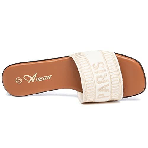 Athlefit Women's Slides Summer Fashion Slip On Flat Sandals Dressy Beige Size 5.5 - Thumbnail 4