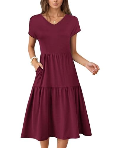 WNEEDU Summer Dresses for Women 2026 Sundress Spring Casual Dresses Beach Vacation Clothes Wedding Guest Dress Casual Sundresses Swing Tiered Slimming,Wine Red,L - Image 1