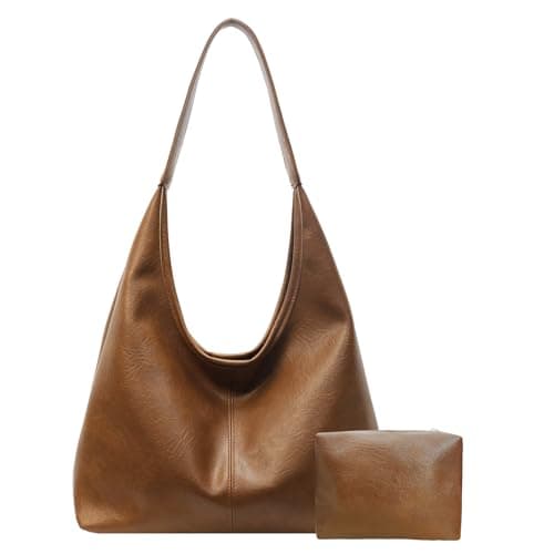 JueiXeoy Slouchy Tote Bag for Women Hobo Bags Soft Vegan Leather Hobo Purse Shoulder Bag Retro Travel College Work Tote Handbags 2pcs Brown