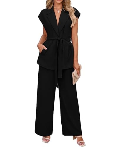 PRETTYGARDEN Women Summer Outfits 2025 Trendy Tank Tops Flowy Long Blazer Pant Suit 2 Piece Fashion Wedding Club Outfit(Solid Black,Large) - Image 1