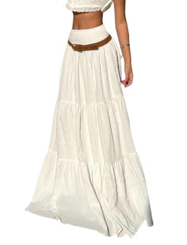 ZAFUL Women’s Summer Boho Maxi Skirts Bohemian Print Smocked High Wasited Flowy Tiered Ruffle Long Beach Skirt 1-White XS - Image 1
