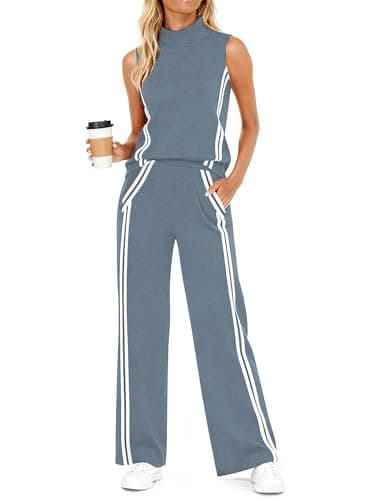 Casly Lamiit Lounge Wear for Women 2 Piece Set Travel Outfits Casual Sweat Suit Track Activewear Mock Neck Sleeveless Top Wide Leg Pants Grey Blue XS - Image 1