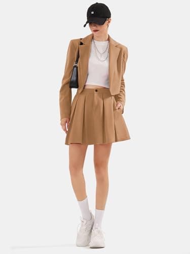 EXLURA Women's Long Sleeve Blazer Suit Sets with Pleated Mini Skirt Fall 2 Piece Outfits Trendy Y2K Fashion Clothes Khaki - Thumbnail 4