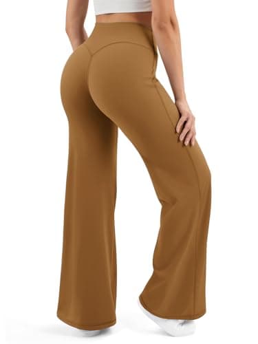 AFFOLE Women Flared Yoga Pants Wide Leg Pants Flare Dress Yoga Pants with Tummy Control Stretchy Lounge Casual Workout Pants Light Brown - Image 1