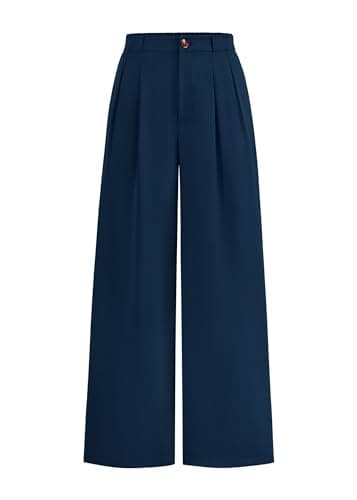 KIRUNDO Wide Leg Dress Pants for Women High Waisted Office Work Trousers Business Casual Slacks Button Flowy Palazzo Pant(Dark Blue, X-Large) - Image 1