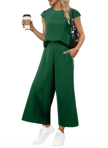 EVALESS 2 Piece Sets for Women Spring 2026 Vacation Outfits Beach Vacation Clothes Cap Sleeve Summer Tops Wide Leg Pants Matching Sets Women Clothing Cruise Must Haves Green X-Large - Image 1