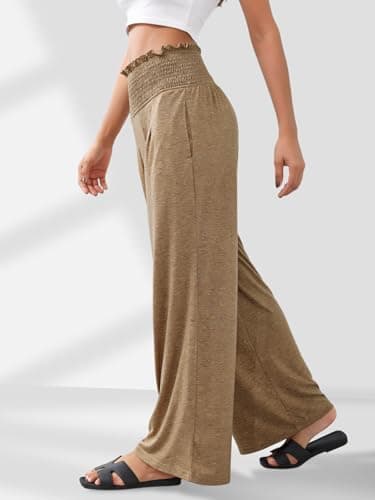 GEMLON Womens Wide Leg Pants High Waisted Palazzo Pants Summer Flowy Lounge Trousers Pants with Pockets Dark Khaki 2XL - Thumbnail 3