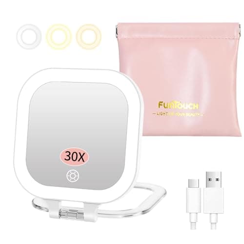 FUNTOUCH Rechargeable Travel Makeup Mirror, 30X/1X Rechargeable Double Sides Magnifying Mirror with 3 Light Settings & Adjustable Brightness,Compact Mirror with PU Bag Valentine's Day Gift, White - Image 1